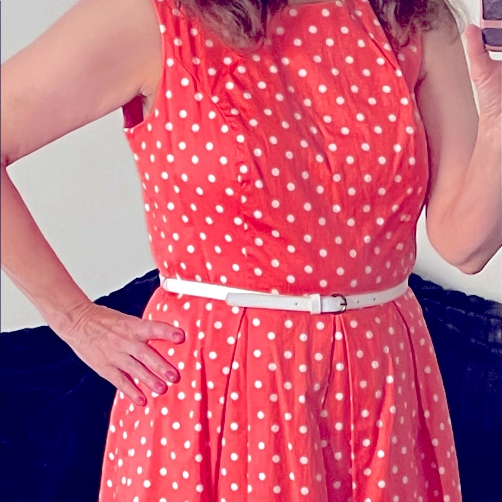 Lovely orange polkadot dress zipper back; white skinny belt